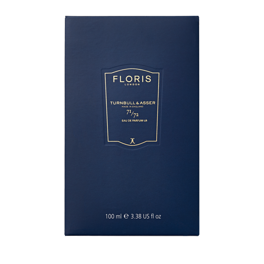 Navy blue Floris London 71/72 Eau de Parfum box, 100ml, gold text. A vegan woody scent for a refined touch.