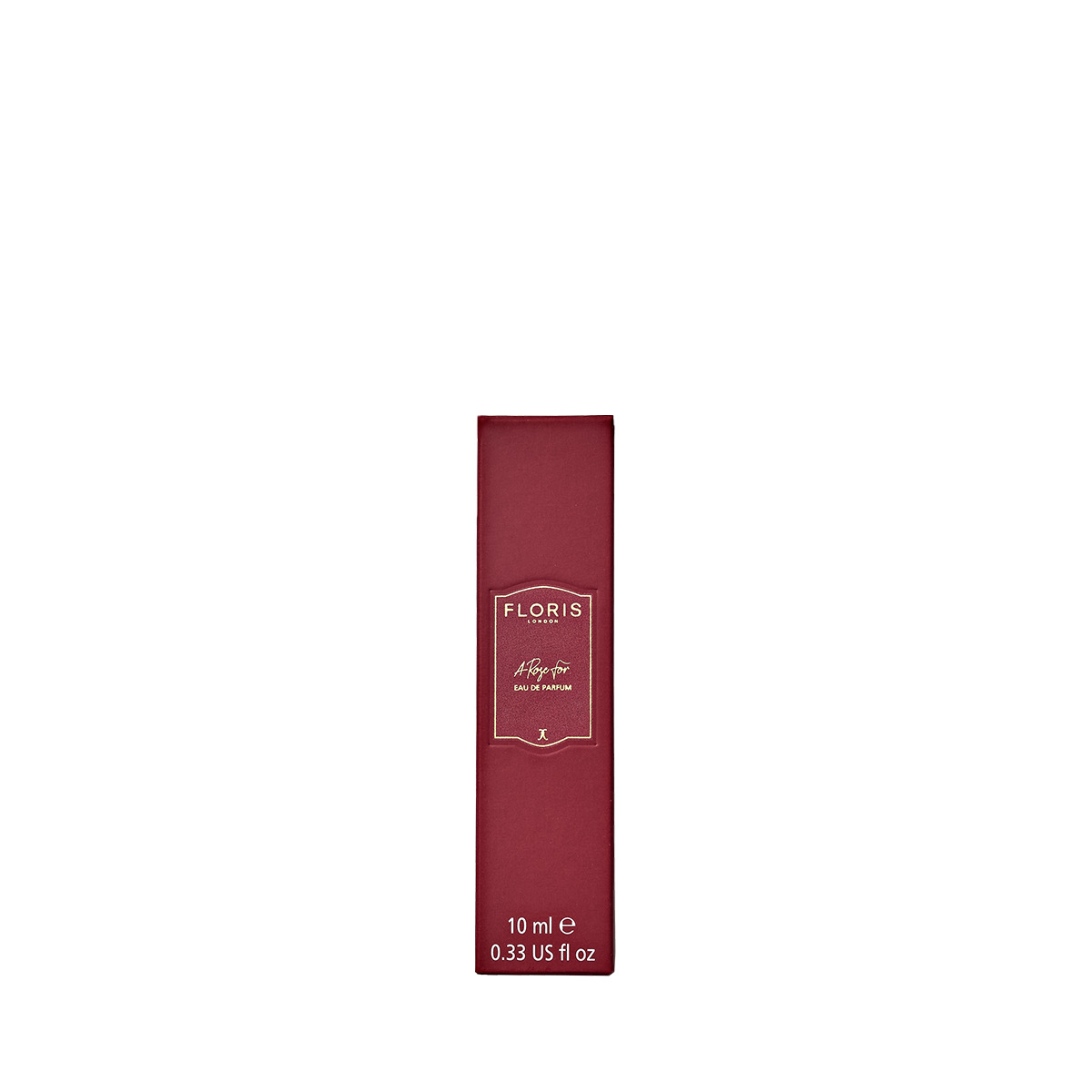 A red rectangular box with a gold logo and text for Floris London's "A Rose For..." Eau de Parfum, hinting at a rose scent.