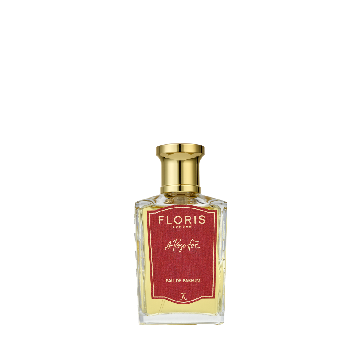 A Floris London A Rose For... - Eau de Parfum bottle with a gold cap and red label, perfect as a signature scent or unique gift, on a white background.