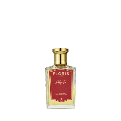 A Floris London A Rose For... - Eau de Parfum bottle with a gold cap and red label, perfect as a signature scent or unique gift, on a white background.