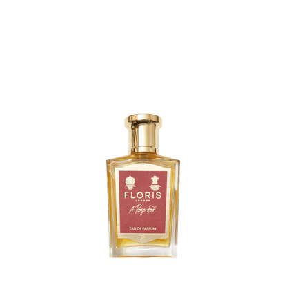 A bottle of Floris London A Rose For... Eau de Parfum, a rose scent with a gold cap and pink label.