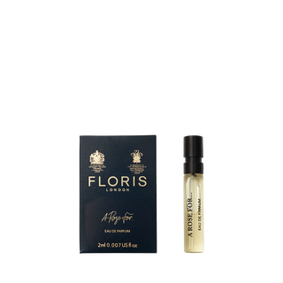 A Floris London A Rose For... Eau de Parfum sample with navy box and spray vial—an elegant way to experience this signature fragrance.