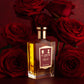 The "A Rose For..." Eau de Parfum by Floris London, surrounded by amber roses, exudes a rich fragrance against a dark red backdrop.