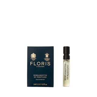 Floris London Bergamotto di Positano Eau de Parfum box and 2ml spray vial shown, with bergamot and delicate marine notes.