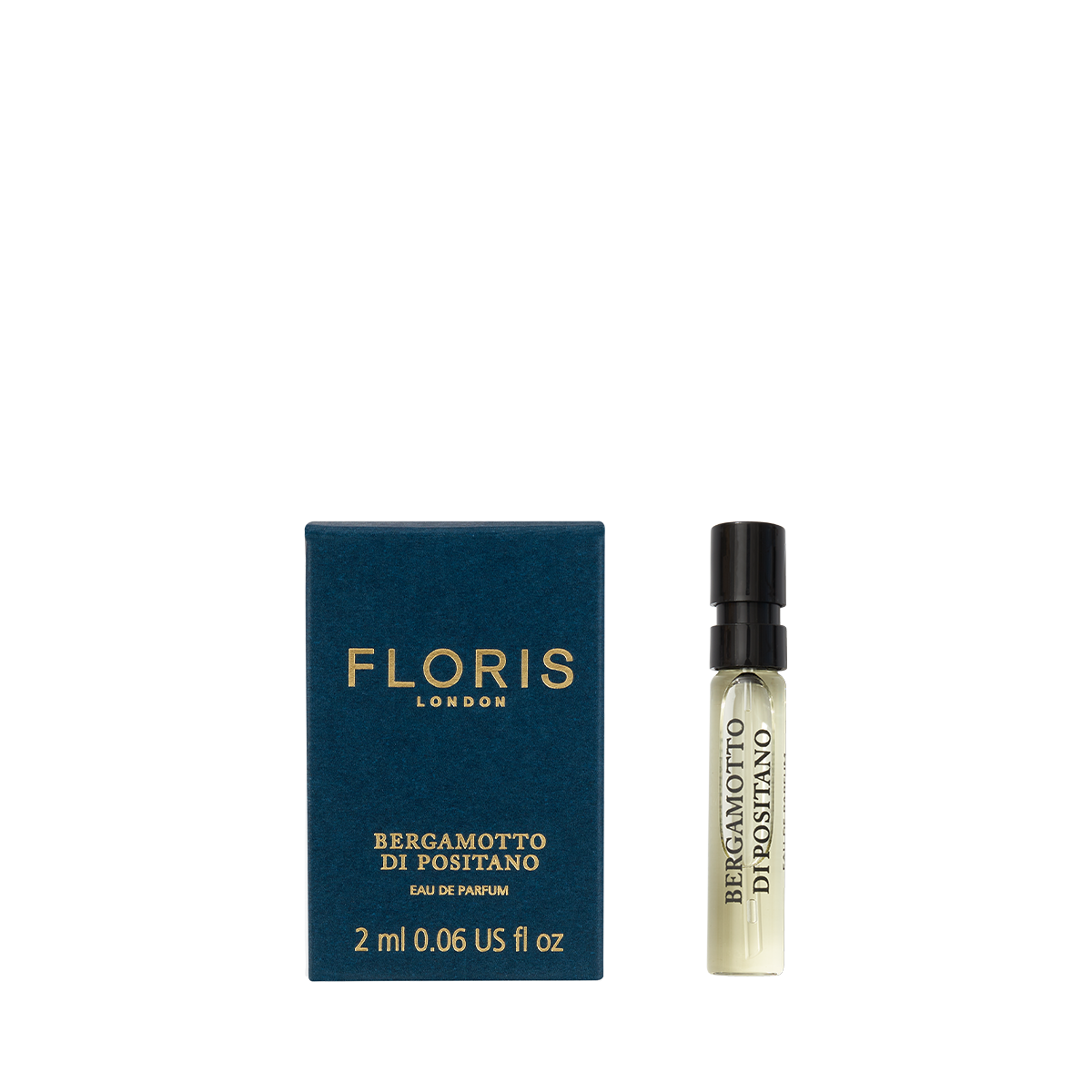 A box and 2ml vial of Floris London Bergamotto di Positano Eau de Parfum on a white background, featuring bergamot and marine notes.