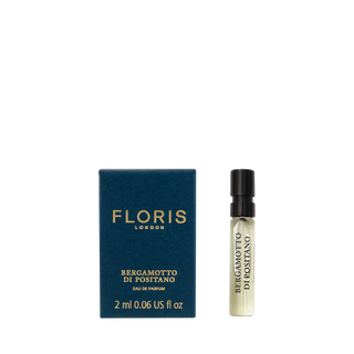 A box and 2ml vial of Floris London Bergamotto di Positano Eau de Parfum on a white background, featuring bergamot and marine notes.
