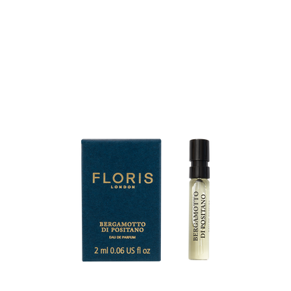 A box and 2ml vial of Floris London Bergamotto di Positano Eau de Parfum on a white background, featuring bergamot and marine notes.