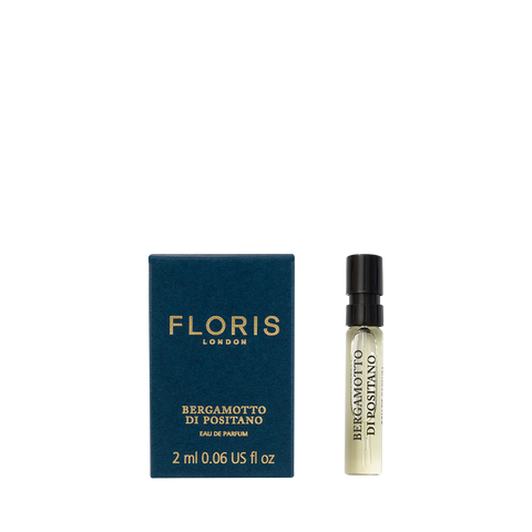 A box and 2ml vial of Floris London Bergamotto di Positano Eau de Parfum on a white background, featuring bergamot and marine notes.