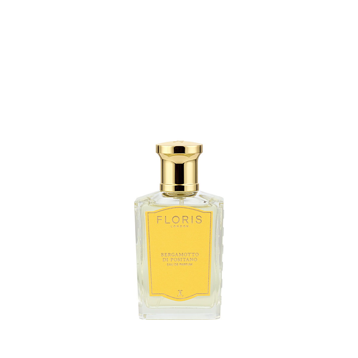 A bottle of Floris London Bergamotto di Positano Eau de Parfum, with bergamot and marine notes, gold cap, and yellow label on a white background.