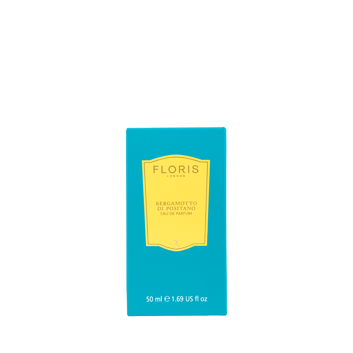 A turquoise 50 ml box of Floris London Bergamotto di Positano Eau de Parfum features a yellow label with notes of bergamot and marine freshness.