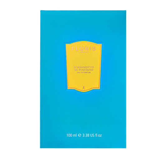 Bright blue Floris London box with a yellow label reading "Bergamotto di Positano - Eau de Parfum," featuring fresh bergamot and marine notes.