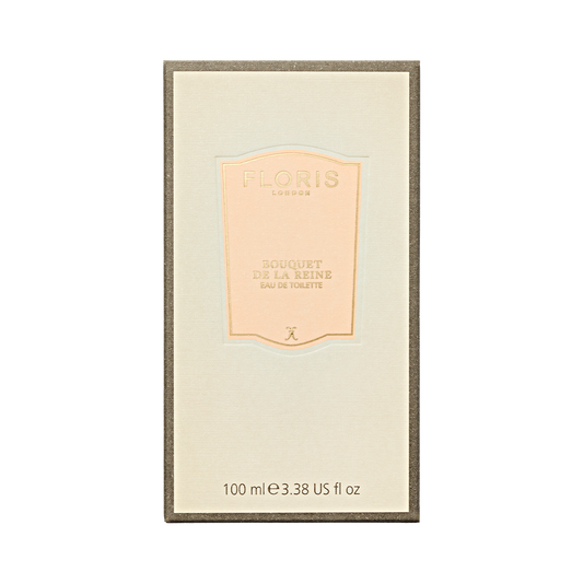 Floris London Bouquet de La Reine Eau de Toilette, 100ml—an elegant fruity floral fragrance with royal court notes in a beige box and gold-peach label.