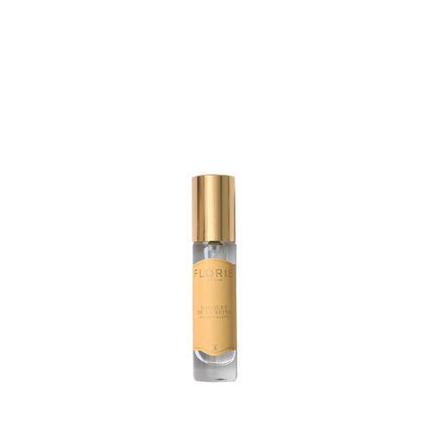 A small Floris London Bouquet de La Reine Eau de Toilette with a gold cap and beige label displayed on a white background.