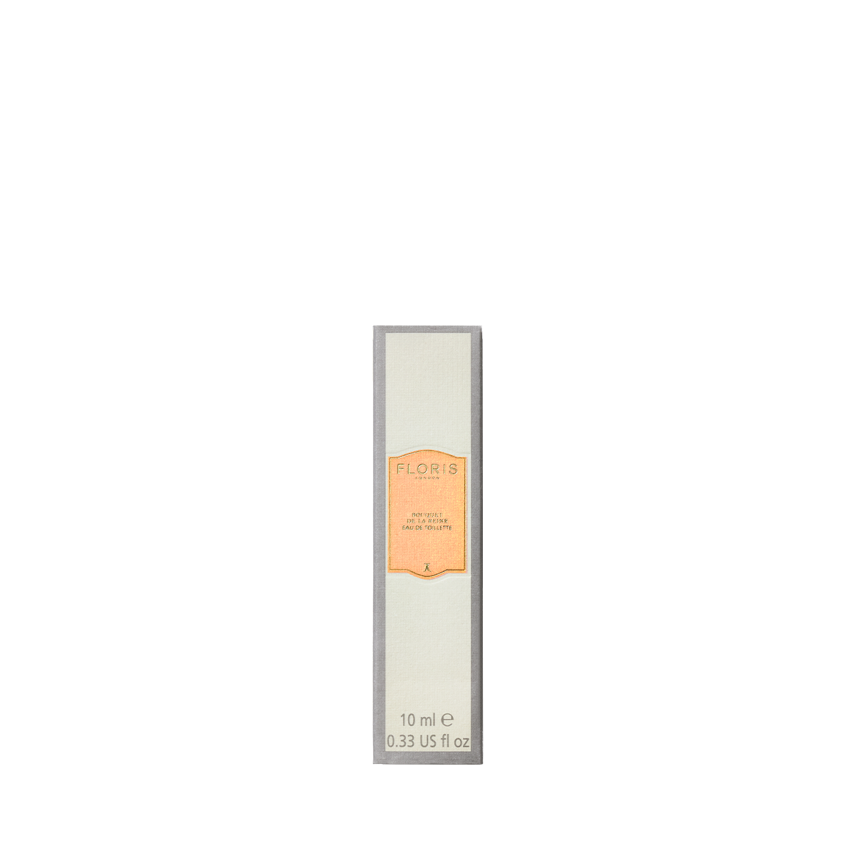 A tall rectangular box of Floris London perfume with a beige and orange design captures the fruity floral effervescence of Bouquet de La Reine, 10 ml 0.33 oz.