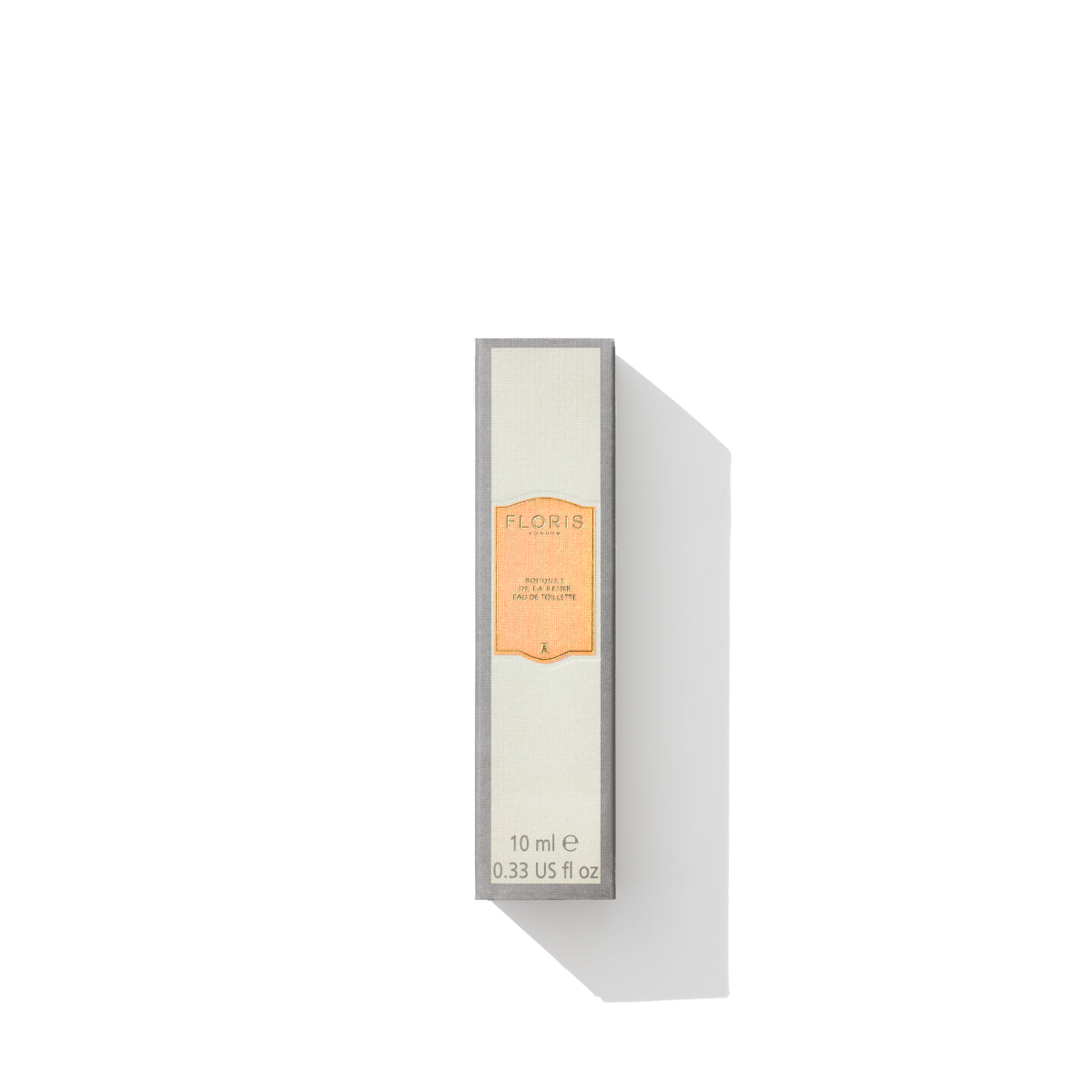 A rectangular box of Floris London perfume, labeled "10 ml, 0.33 US fl oz," featuring the Bouquet de La Reine - Eau de Toilette scent, sits elegantly on a white background with a shadow.