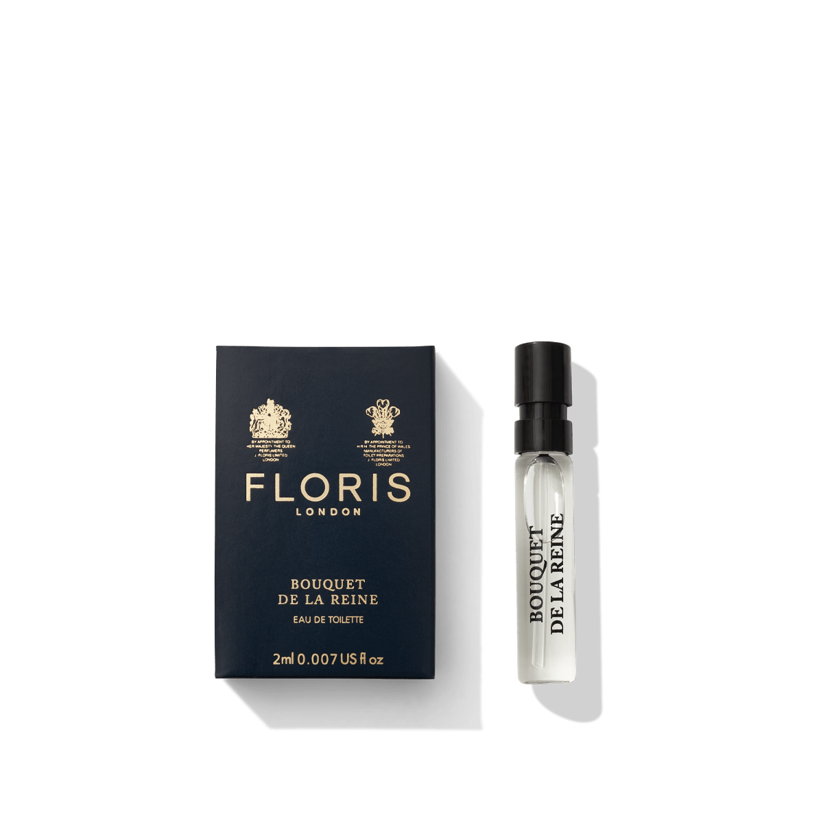 Floris London's Bouquet de La Reine Eau de Toilette, a fruity floral delight, showcased in a 2ml sample vial beside its elegant navy and gold packaging.