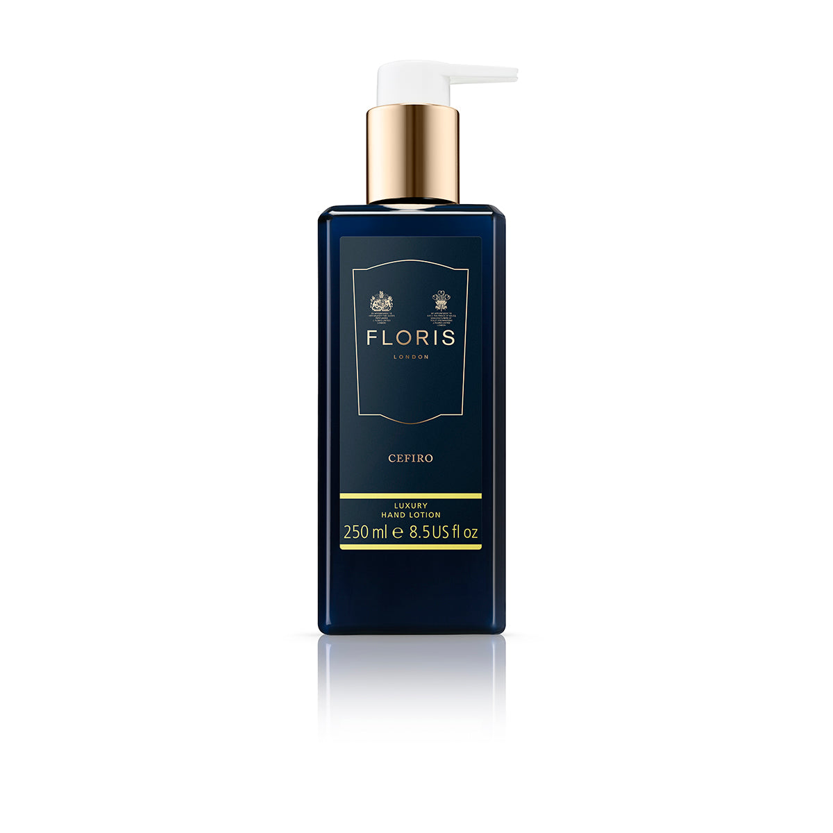 Floris London's Cefiro - Luxury Hand Lotion (BF) boasts a nourishing formulation with almond oil and vitamin E, presented in a stylish 250 ml dark bottle featuring an easy-to-use pump dispenser.