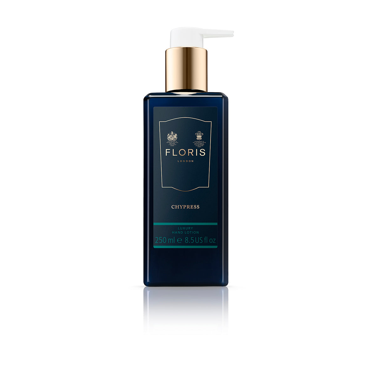 A 250 ml bottle of Floris London Chypress - Luxury Hand Lotion (BF) boasts a delightful Chypress scent and comes with a convenient pump dispenser, enriched with nourishing sweet almond oil for silky-smooth skin.