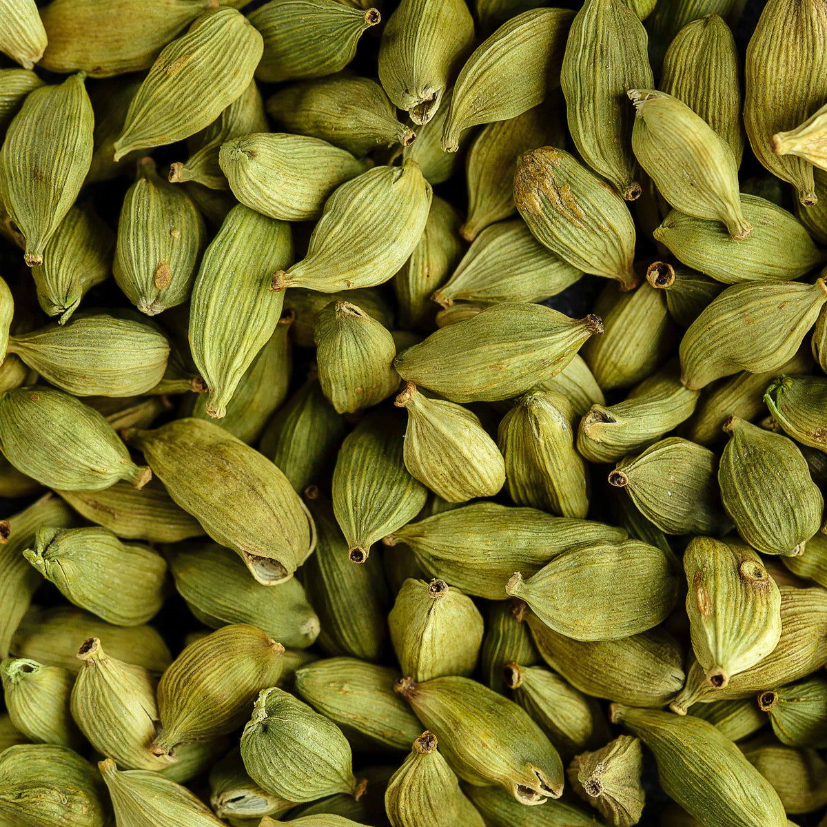 Close-up of whole green cardamom pods, whose citrusy scent inspires Floris London Cefiro Eau de Toilette—a unique unisex fragrance.