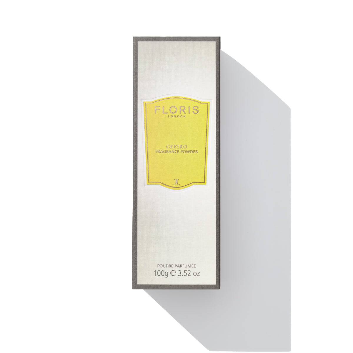 Cefiro Fragrance Powder 100g box by Floris London US, highlighting the classic and refined powder packaging design.