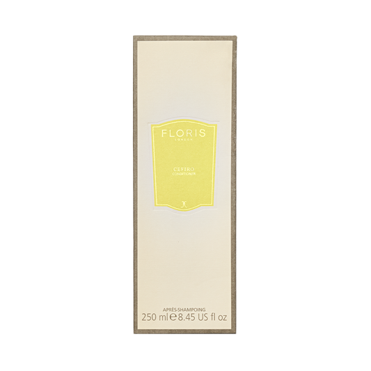Beige rectangular box of Floris London Cefiro - Conditioner, 250ml, featuring hair hydration and the signature Cefiro scent with a yellow front label.