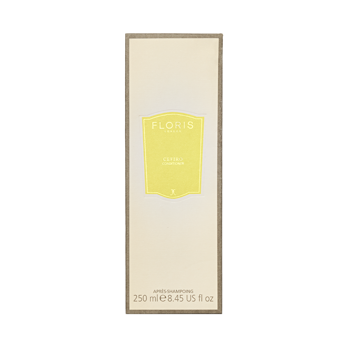 Beige rectangular box of Floris London Cefiro - Conditioner, 250ml, featuring hair hydration and the signature Cefiro scent with a yellow front label.