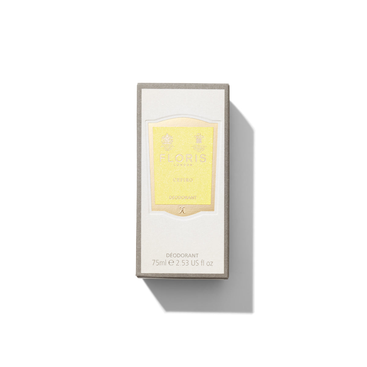 A box of Floris London Cefiro Deodorant Stick, 75ml size, featuring a predominantly yellow label with a grey border, set against a white background.