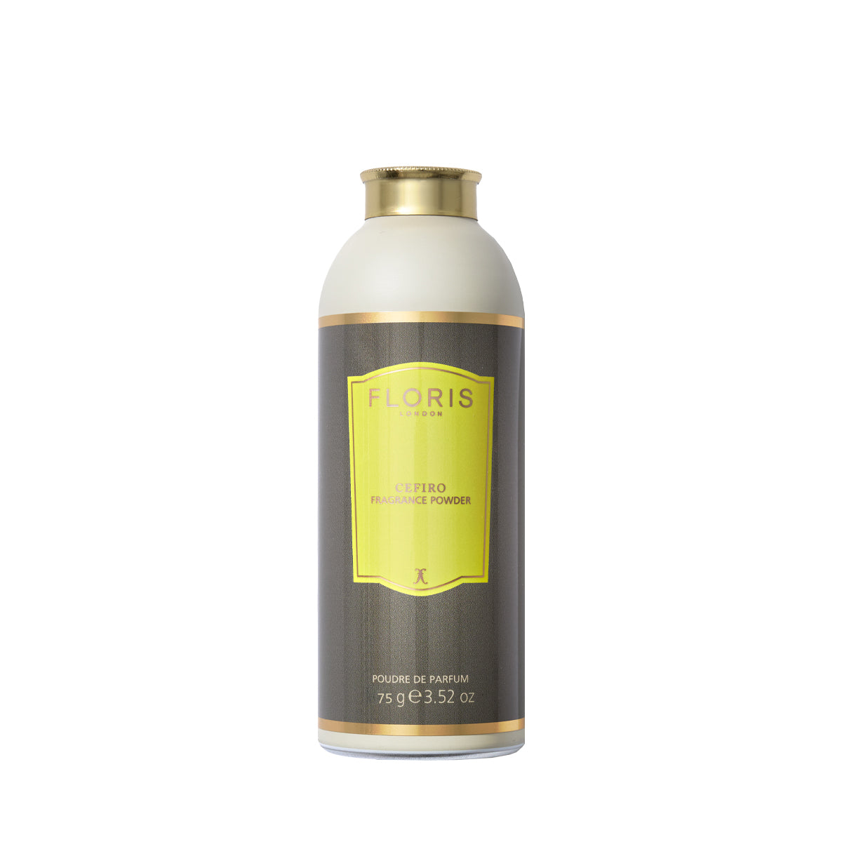 A Floris London Cefiro - Fragrance Powder bottle with a gold cap and yellow label, featuring a unisex citrus floral scent, shown on white.