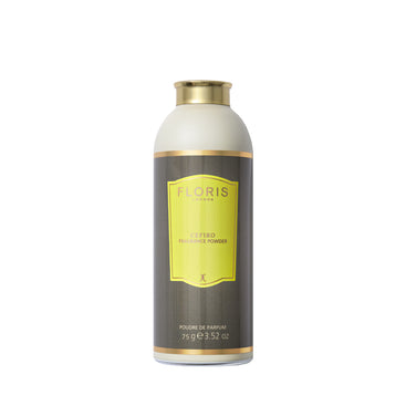 A Floris London Cefiro - Fragrance Powder bottle with a gold cap and yellow label, featuring a unisex citrus floral scent, shown on white.