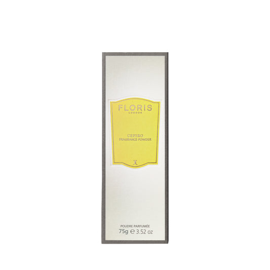 Floris London Cefiro - Fragrance Powder, 75g rectangular box with a yellow label; fresh unisex citrus floral scent.