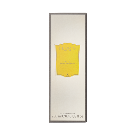 Front view of Floris London Cefiro Bath & Shower Gel 250ml box with citrus scent and yellow label, displayed on a cream background.