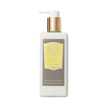 A 250ml bottle of Floris London Cefiro - Enriched Body Moisturiser with vitamin E, signature Cefiro scent, gold pump, and yellow label.