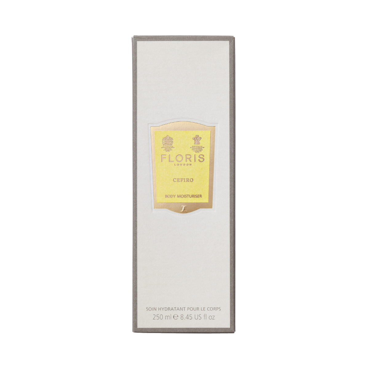 Floris London Cefiro - Enriched Body Moisturiser, 250ml: luxury moisturiser with anti-ageing vitamin E and a yellow and gold front label.