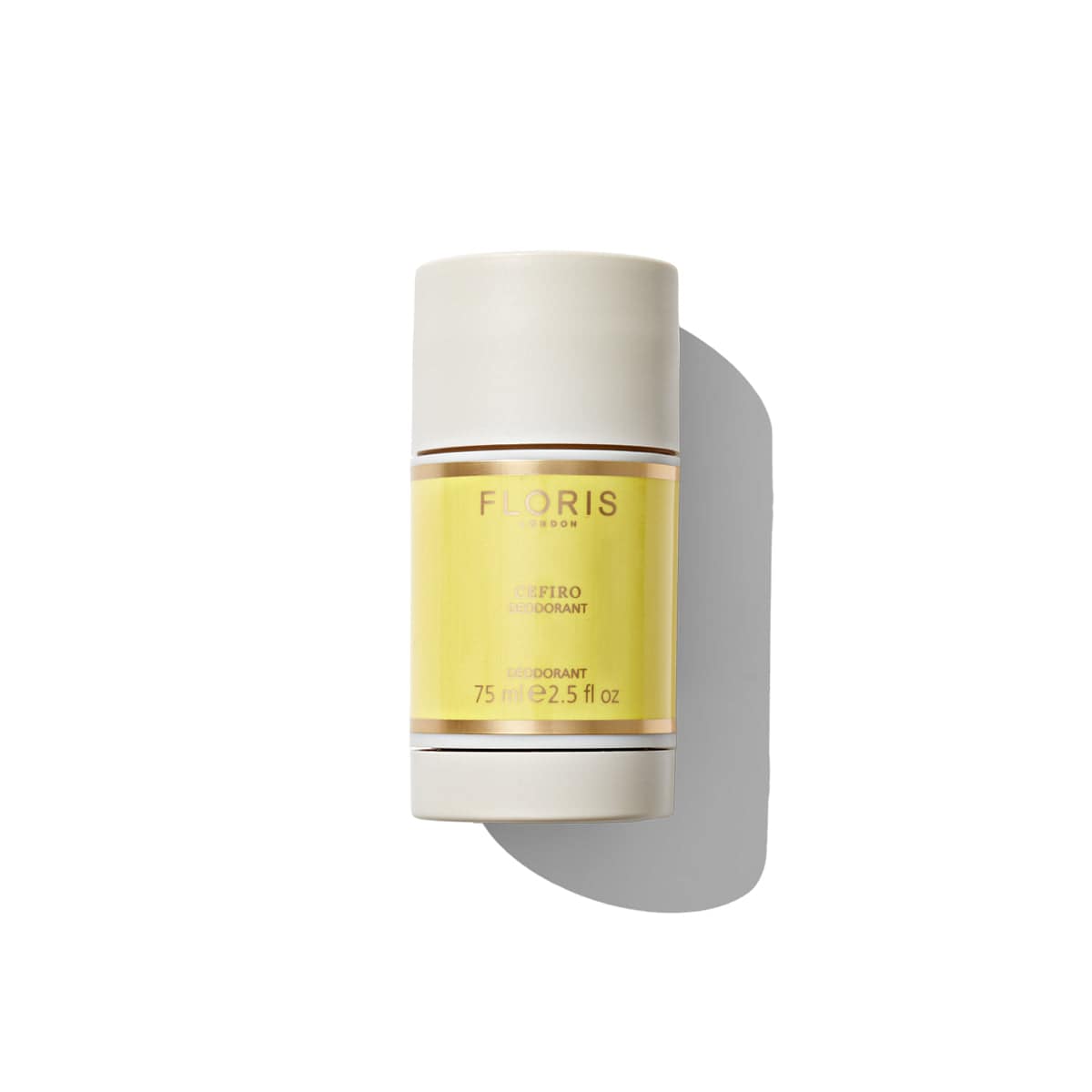 A 75ml Floris London Cefiro Deodorant Stick with a yellow label and white cap on a white background, suitable for sensitive skin.