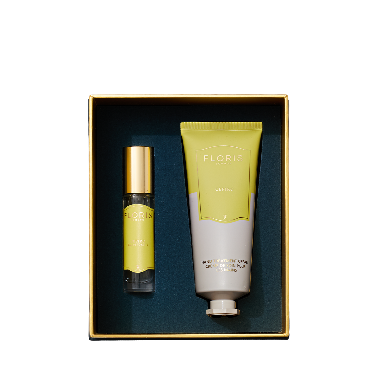 The Floris London US Cefiro Duo gift set includes a yellow hand treatment cream and spray in a gold-edged box.