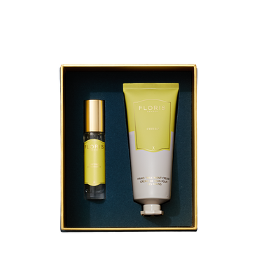 The Floris London US Cefiro Duo gift set includes a yellow hand treatment cream and spray in a gold-edged box.
