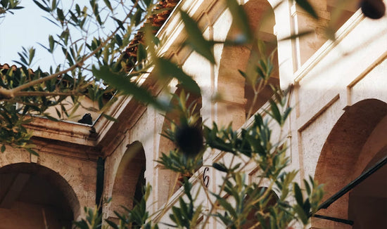 A old stone building with green leaves around it