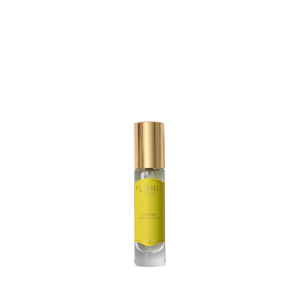 The small yellow-labeled Cefiro Eau de Toilette by Floris London, with a golden cap and citrus notes, sits elegantly on a white background.