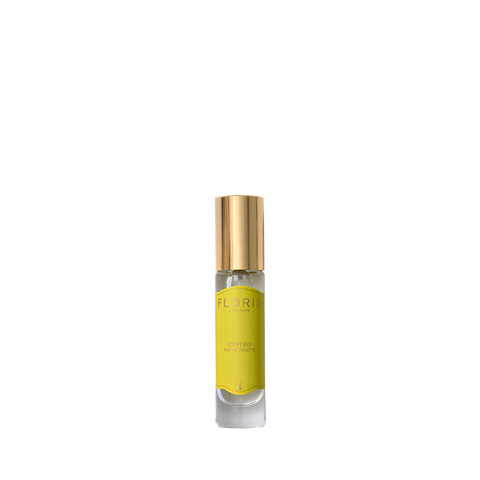 Floris London’s Cefiro Eau de Toilette is a unisex fragrance in a small bottle with a gold cap and yellow label, offering a fresh citrus scent.
