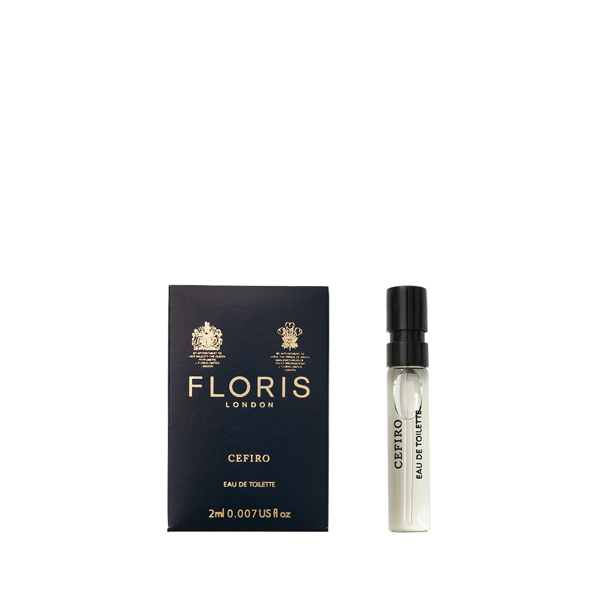 A sample of Floris London Cefiro - Eau de Toilette comes in a navy blue box with a small clear spray vial.