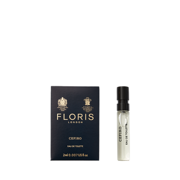 A sample of Floris London Cefiro - Eau de Toilette comes in a navy blue box with a small clear spray vial.