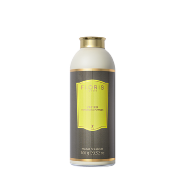 The Floris London Cefiro - Fragrance Powder comes in a gold-capped bottle with a yellow-brown label, offering a unisex citrus floral scent and aloe vera.