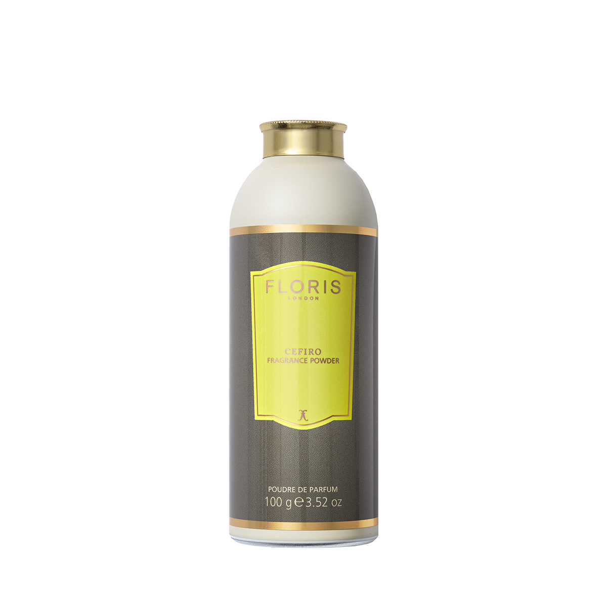 The Floris London Cefiro - Fragrance Powder comes in a gold-capped bottle with a yellow-brown label, offering a unisex citrus floral scent and aloe vera.