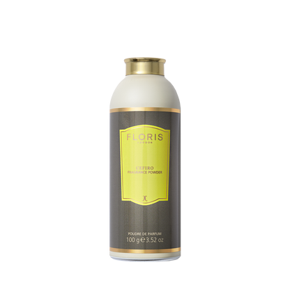 A bottle of Floris London's Cefiro Fragrance Powder with a yellow and brown label offers a refreshing citrus floral scent.