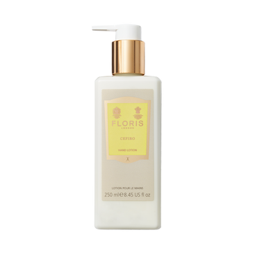 Floris London Cefiro – Luxury Hand Lotion 250ml comes in a white bottle with gold pump and yellow label, enriched with sweet almond oil for dry skin.