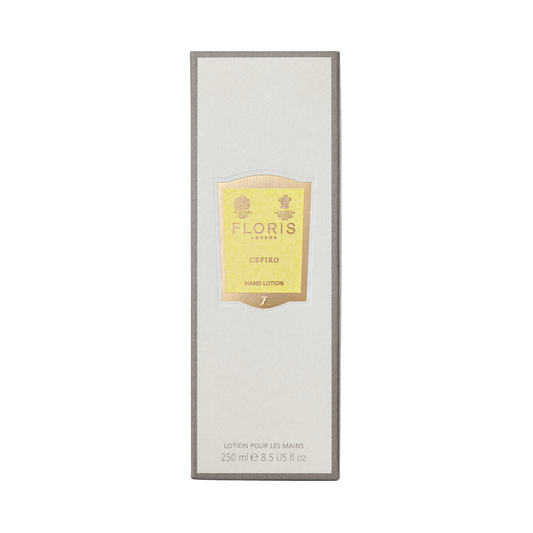 Floris London Cefiro Luxury Hand Lotion 250ml comes in minimalist beige packaging with a yellow label and is enriched with sweet almond oil for dry skin.