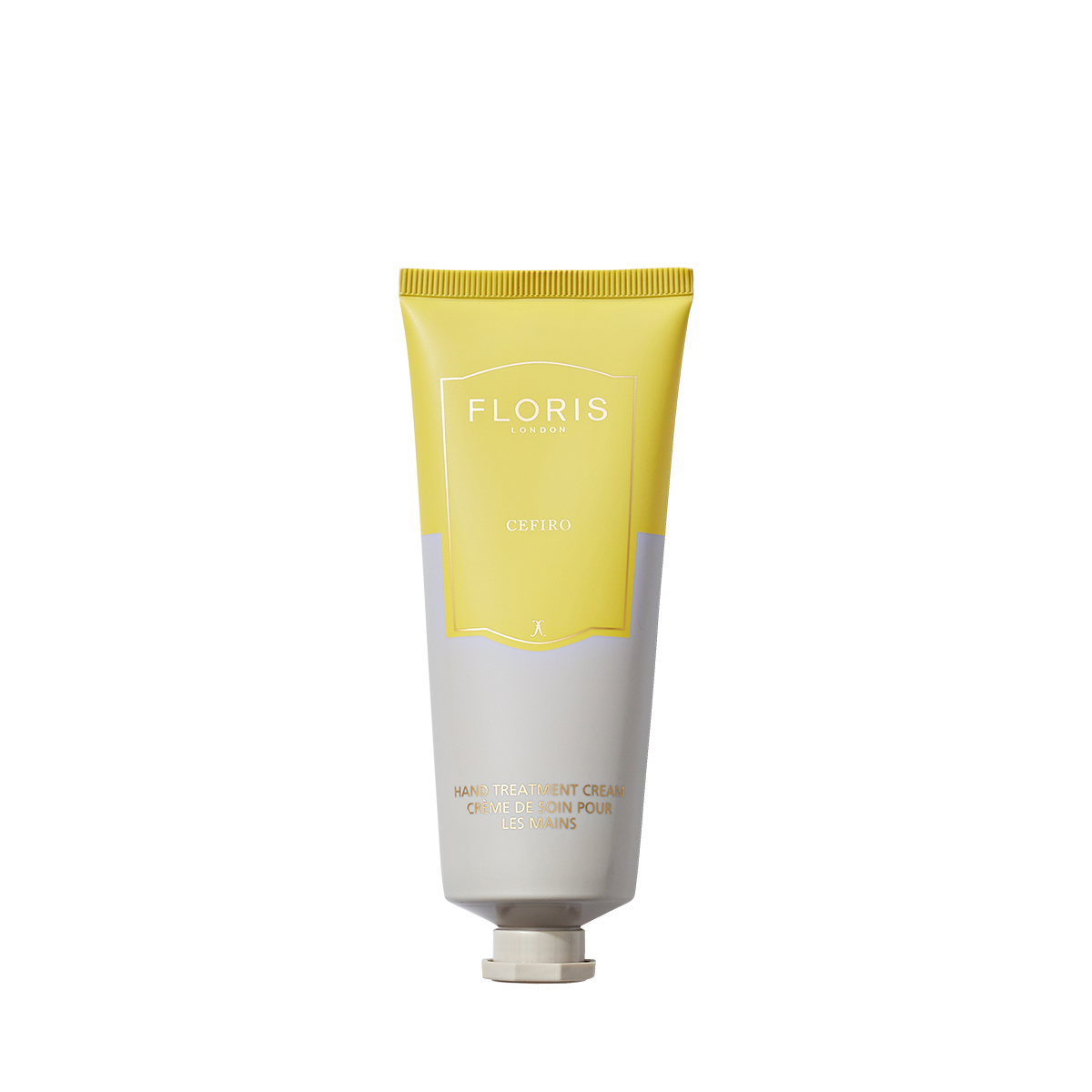 Yellow and gray tube of Floris London Cefiro Hand Treatment Cream, 75ml, perfect for very dry hands, standing upright on a white background.