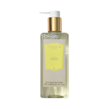 Floris London Cefiro - Luxury Hand Wash 250ml: a clear bottle with gold pump, yellow label, and a citrus floral scent.