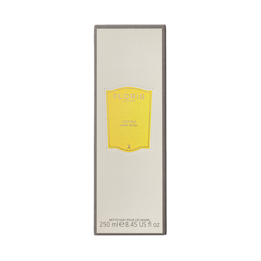 Floris London Cefiro Luxury Hand Wash 250ml features a citrus floral scent with a yellow label on a beige and gray background.