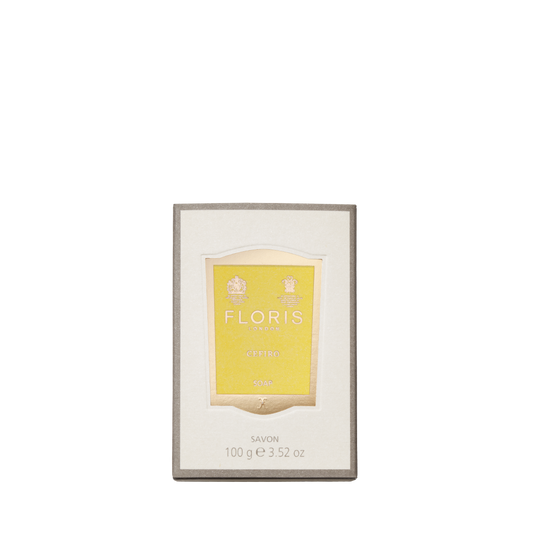 A 100g Cefiro - Luxury Soap by Floris London, rectangular and vegetable-based, in beige packaging, labeled 3.52 oz.